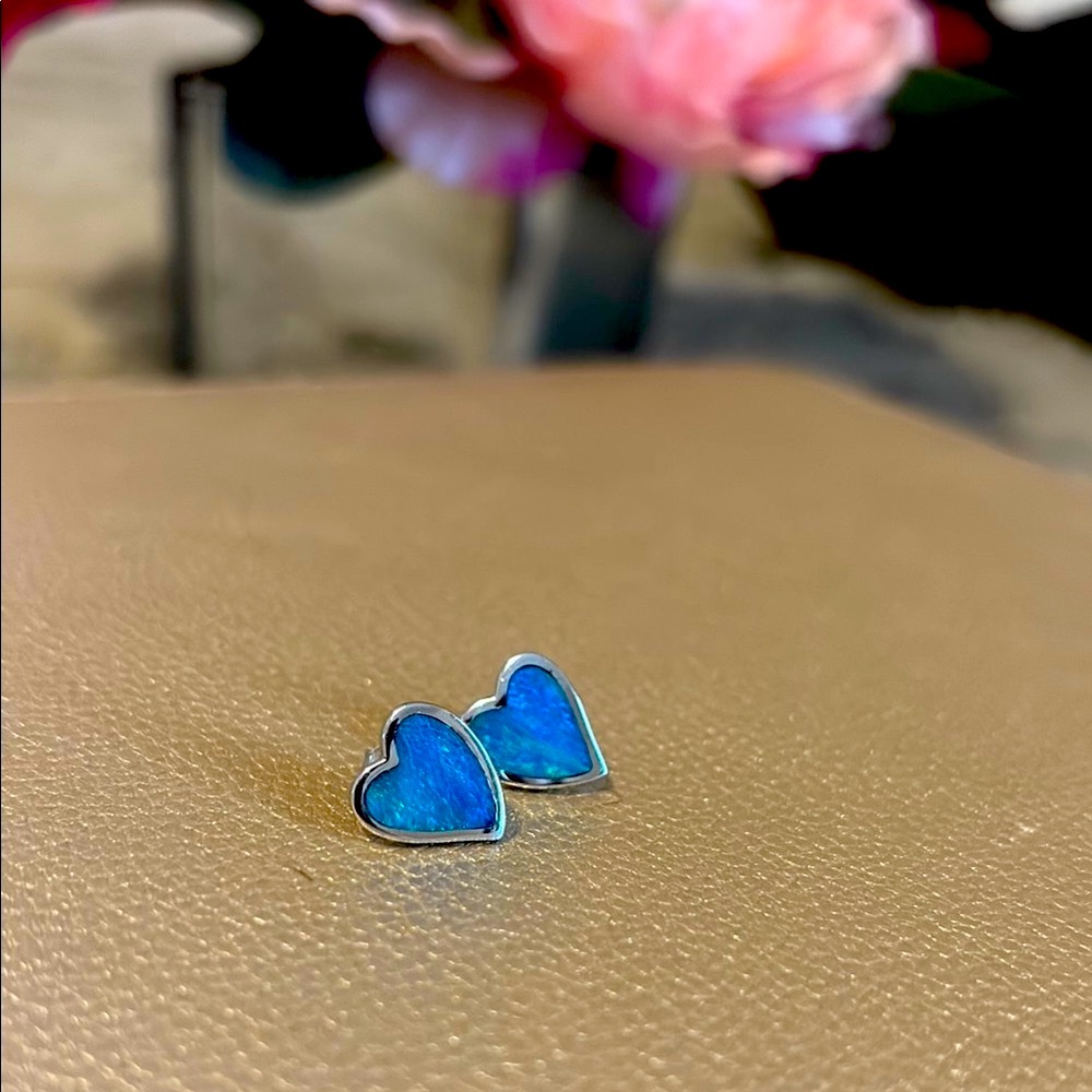 Blue Opal Heart SilverStud Earrings
